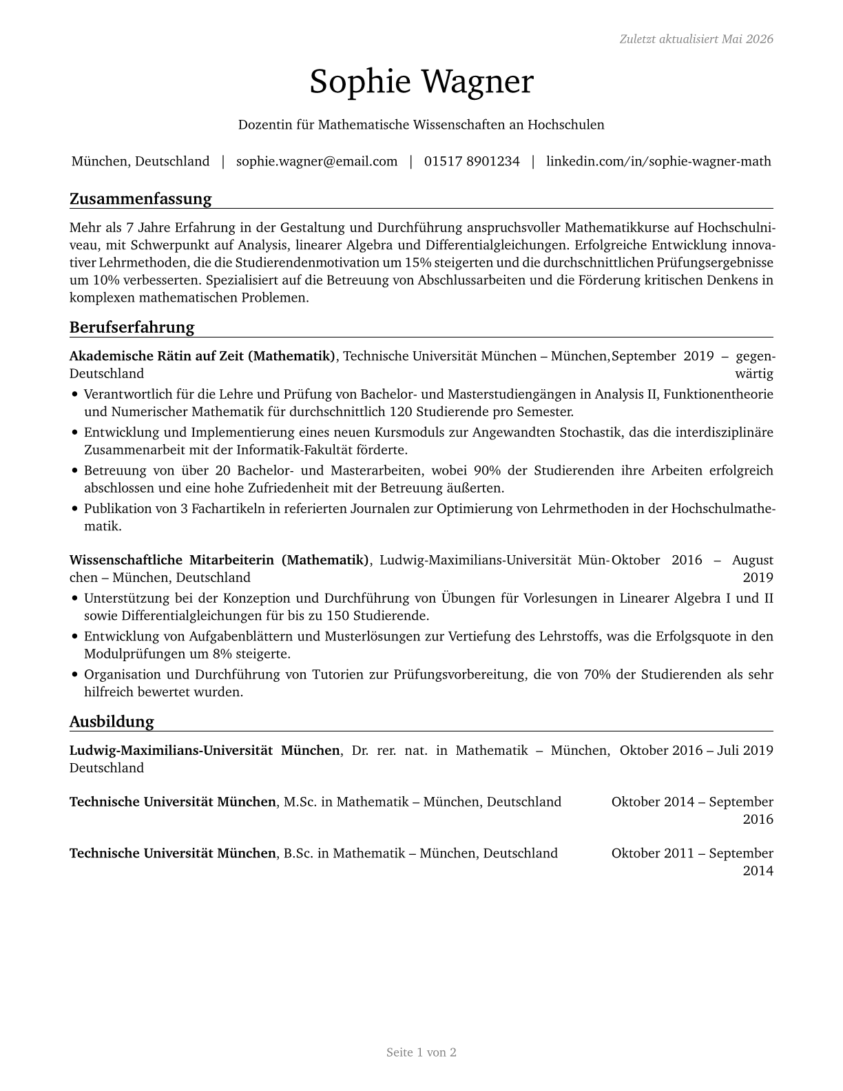 Mathematical Science Teachers, Postsecondary CV in German — page 1