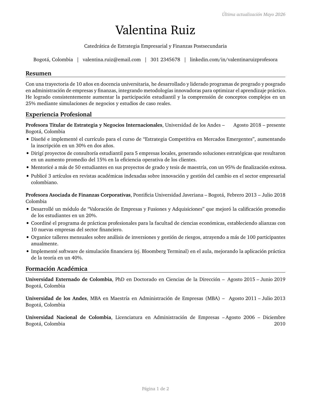Business Teachers, Postsecondary CV in Spanish — page 1
