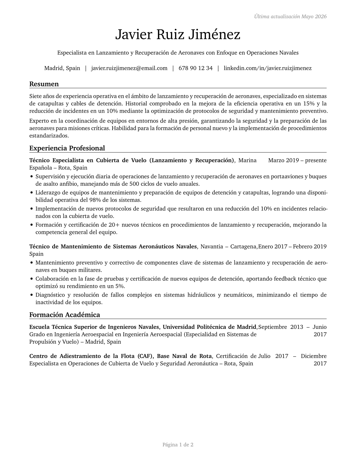 Aircraft Launch and Recovery Specialists CV in Spanish — page 1
