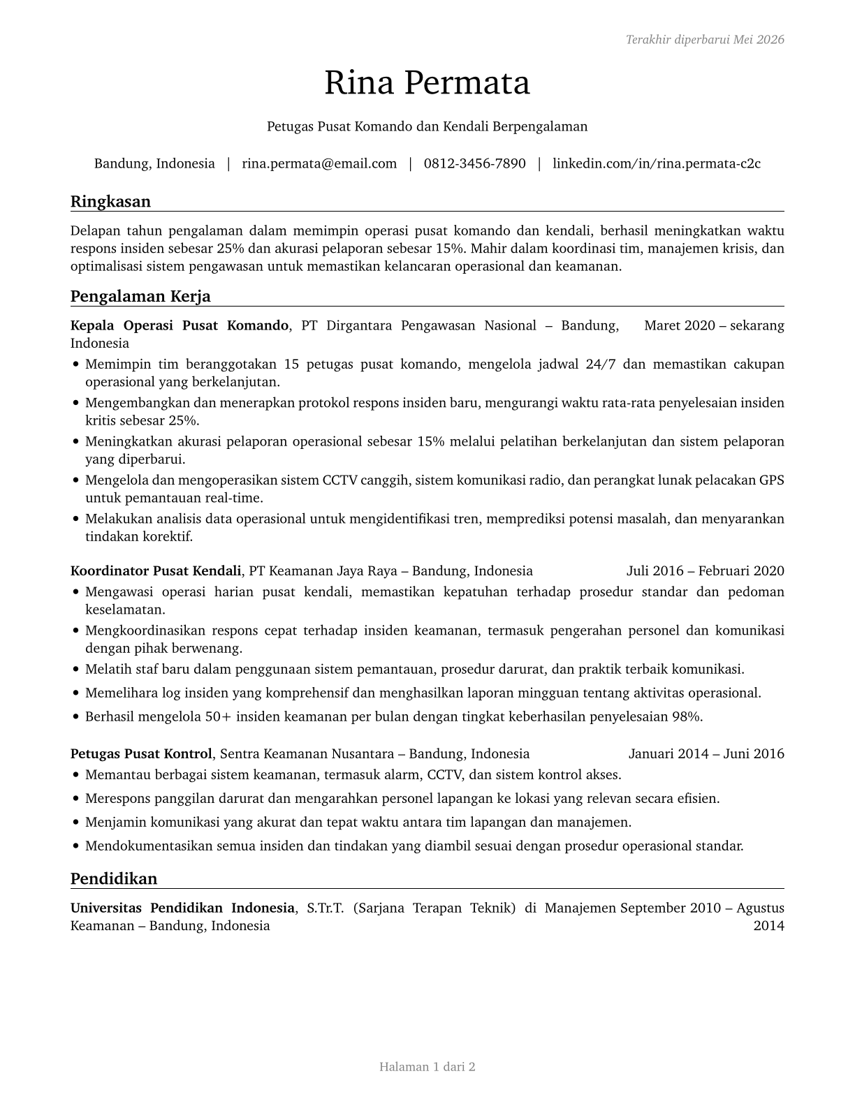 Command and Control Center Officers CV in Indonesian — page 1