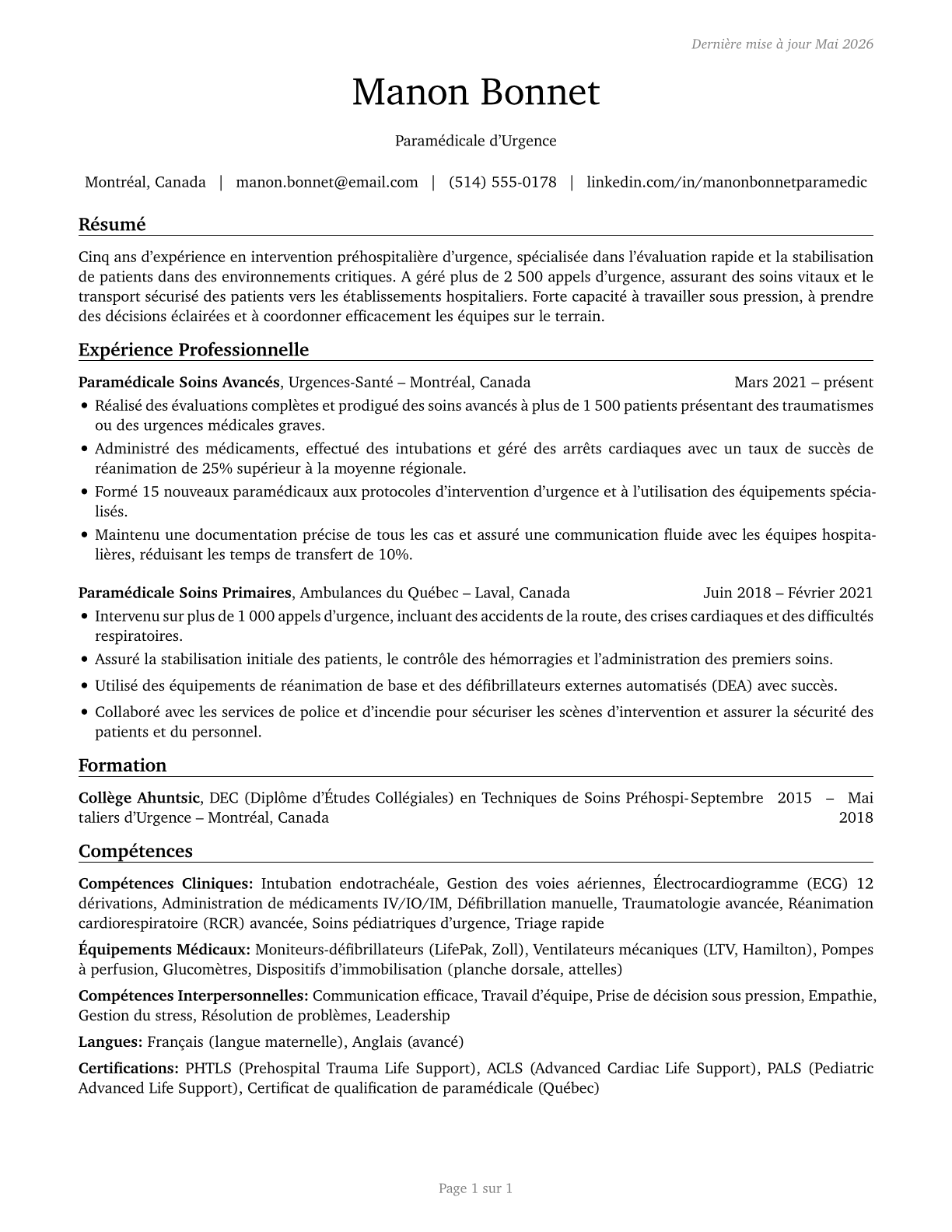 Paramedics CV in French — page 1