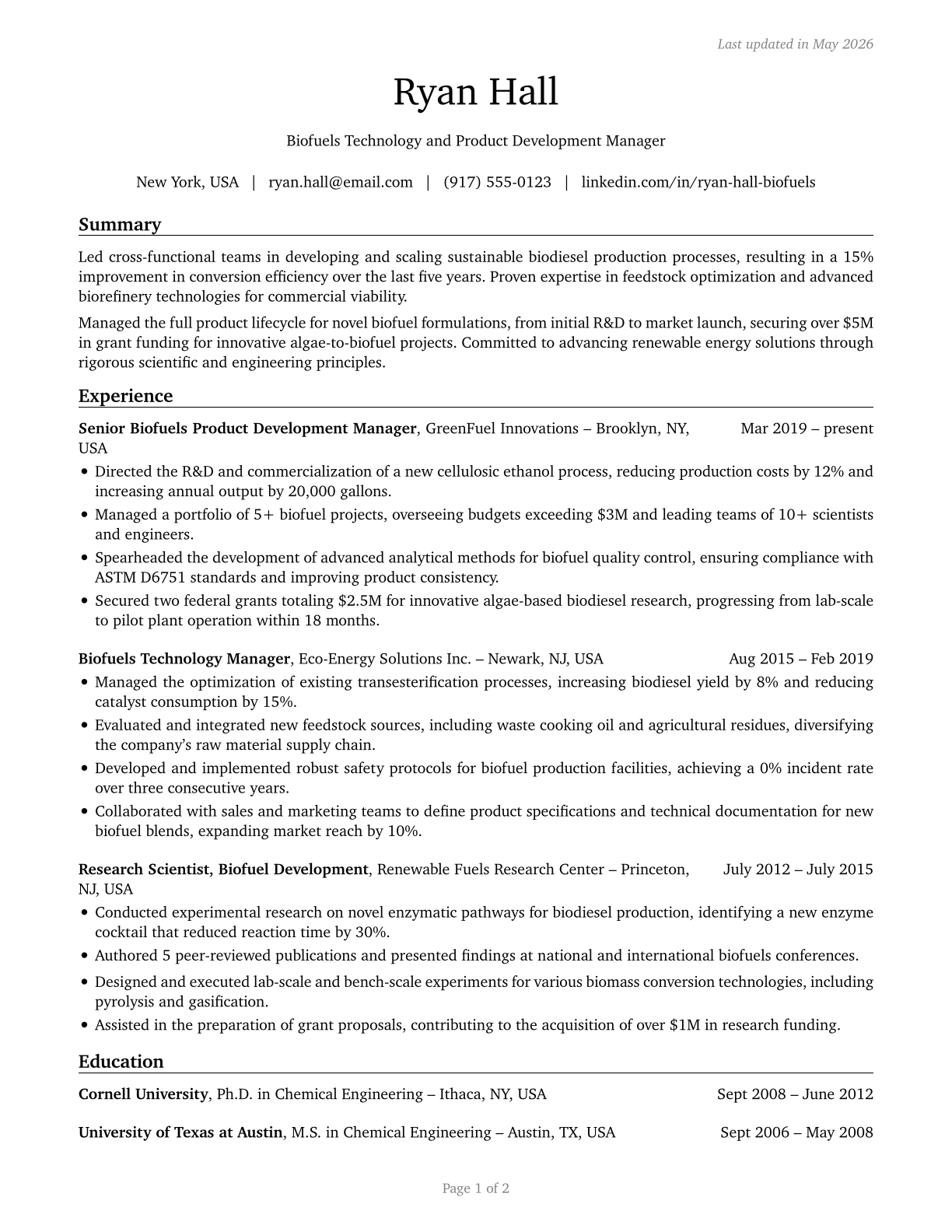 Biofuels/Biodiesel Technology and Product Development Managers CV in English — page 1