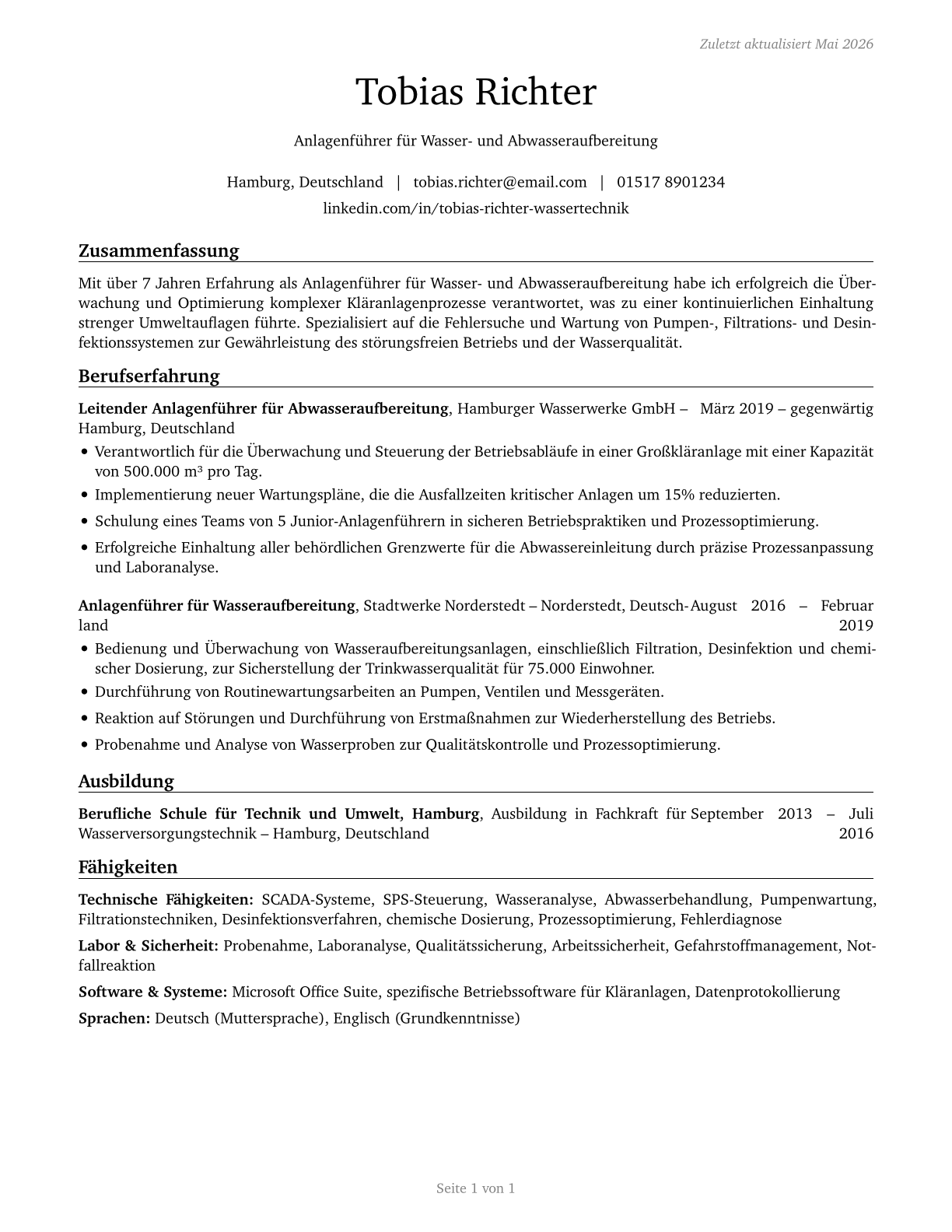 Water and Wastewater Treatment Plant and System Operators CV in German — page 1