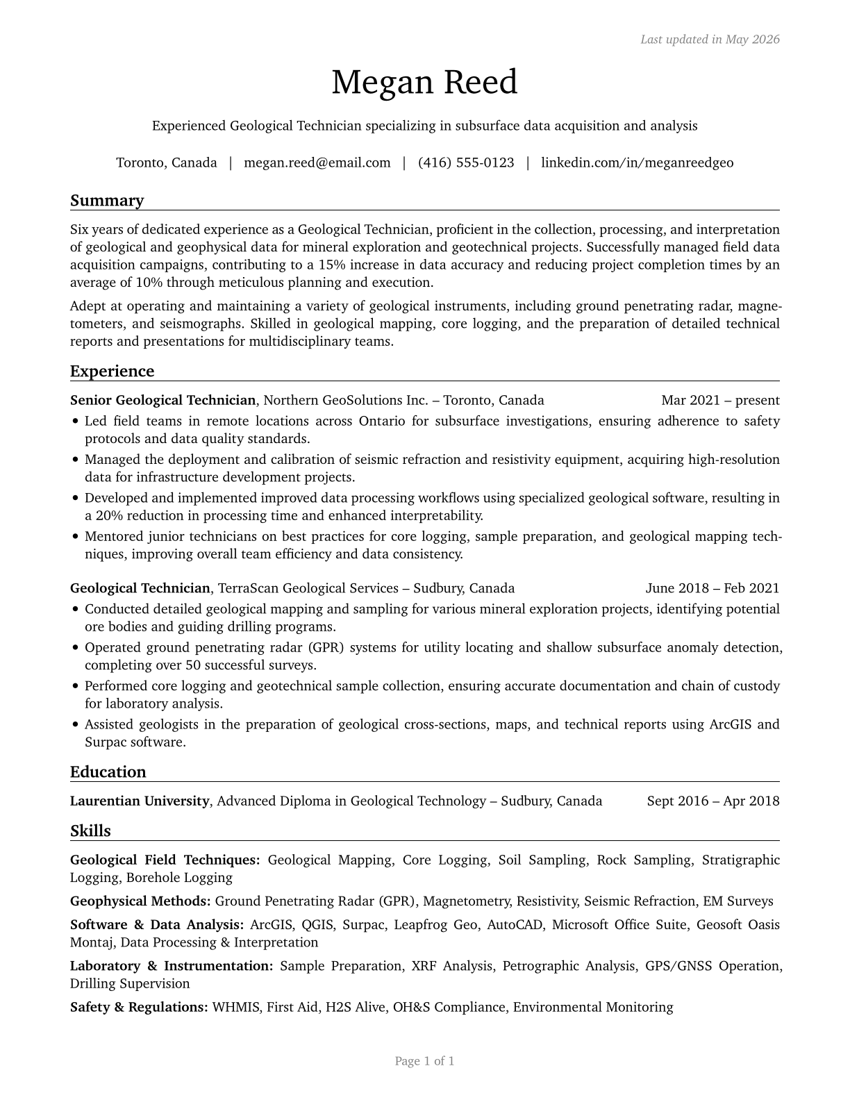 Geological Technicians, Except Hydrologic Technicians CV in English — page 1