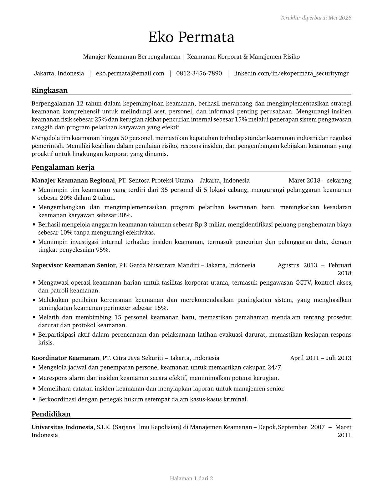 Security Managers CV in Indonesian — page 1