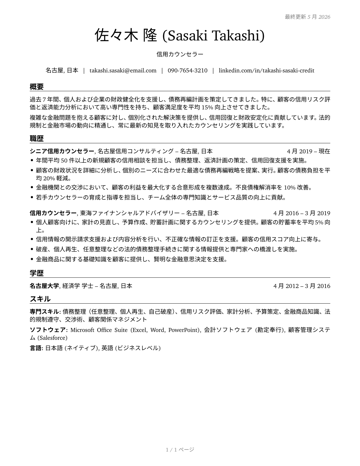 Credit Counselors CV in Japanese — page 1