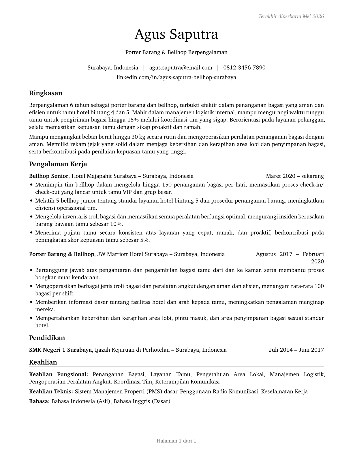 Baggage Porters and Bellhops CV in Indonesian — page 1