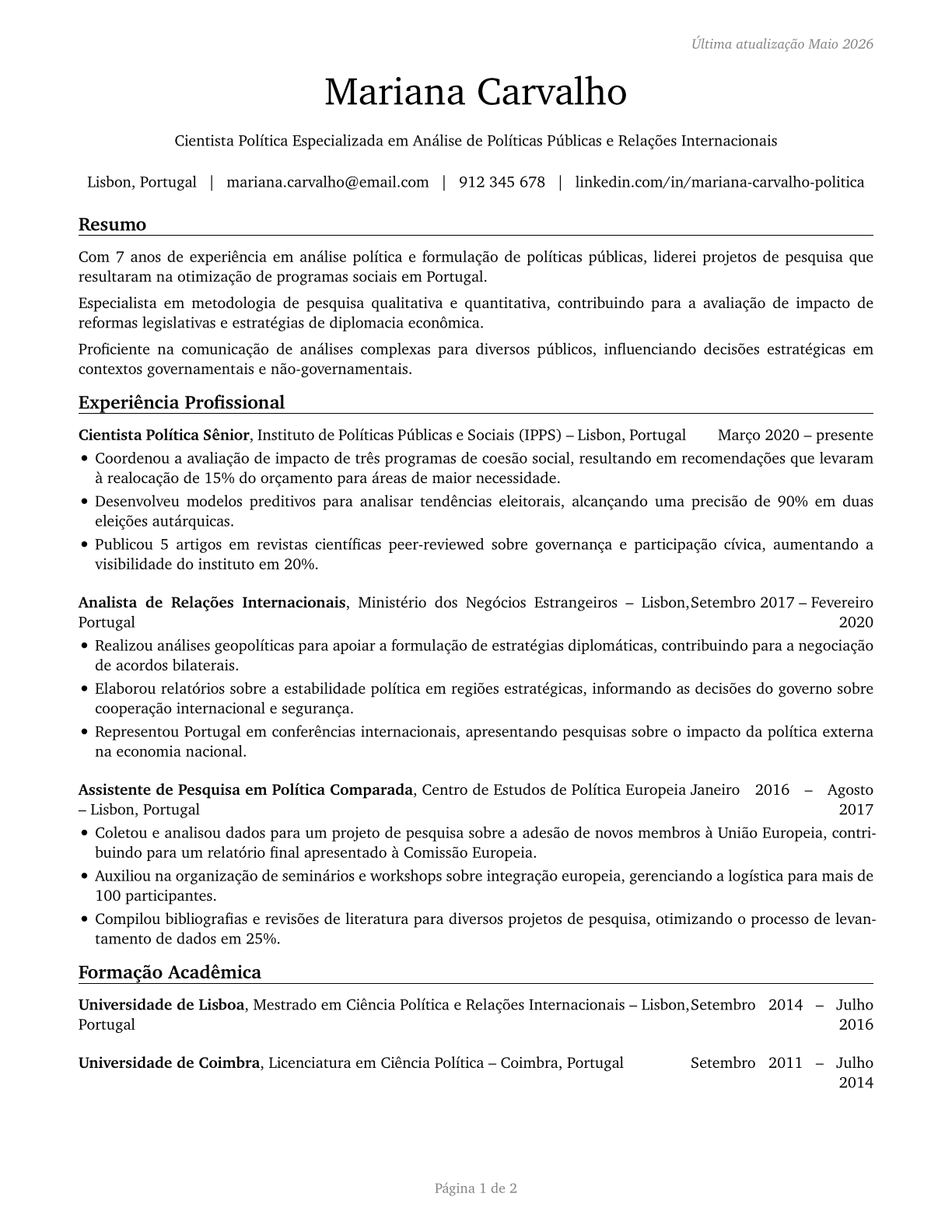 Political Scientists CV in Portuguese — page 1