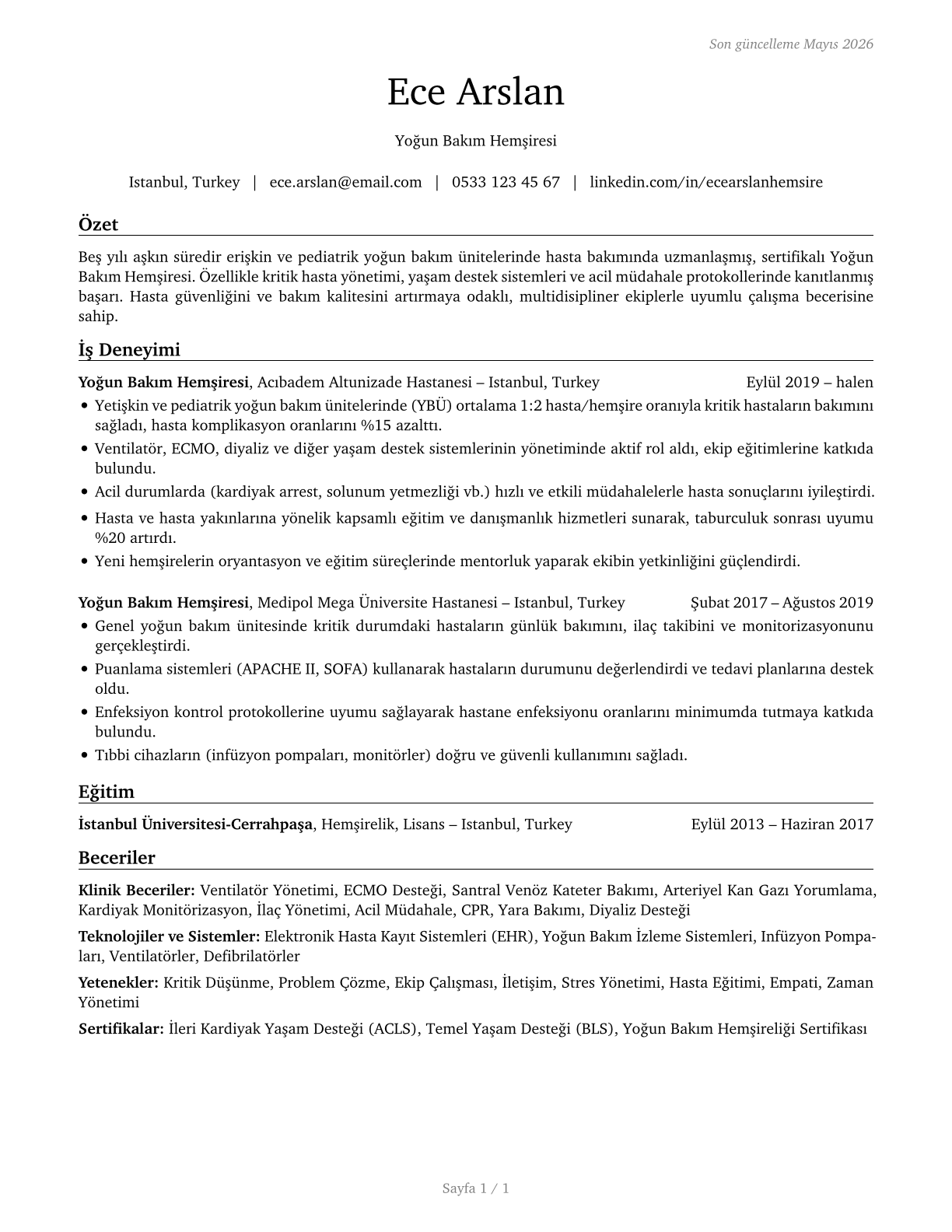Critical Care Nurses CV in Turkish — page 1