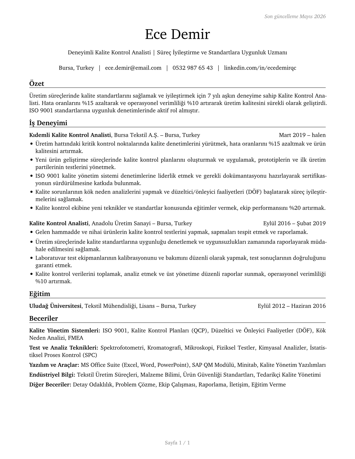 Quality Control Analysts CV in Turkish — page 1