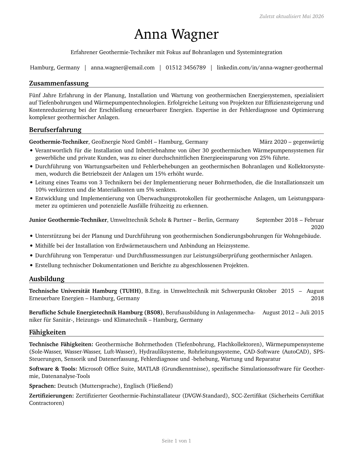 Geothermal Technicians CV in German — page 1