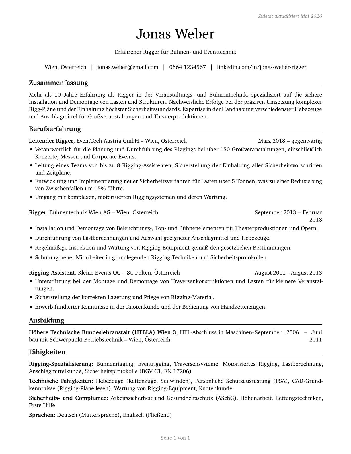 Riggers CV in German — page 1