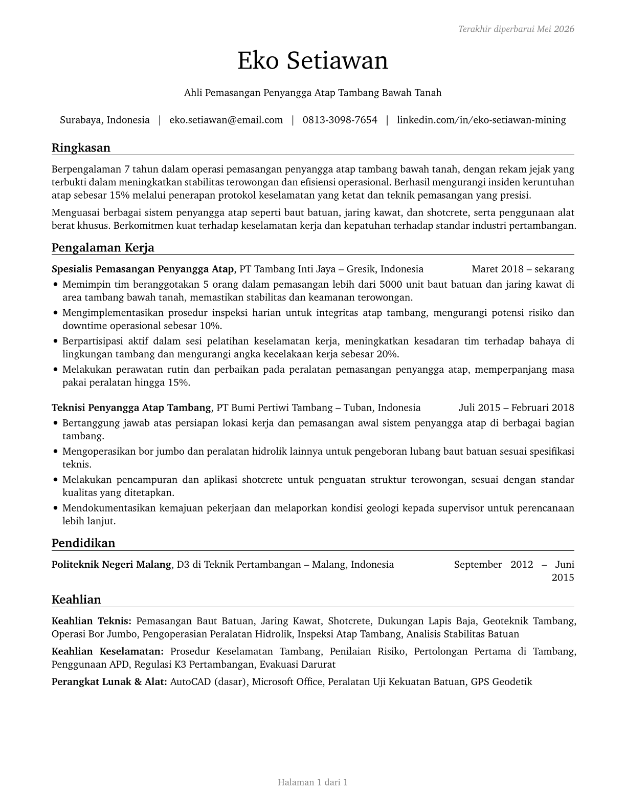 Roof Bolters, Mining CV in Indonesian — page 1