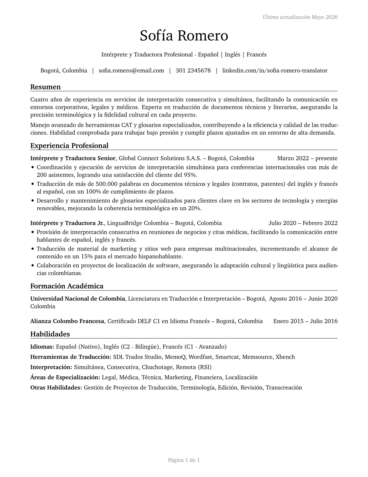 Interpreters and Translators CV in Spanish — page 1