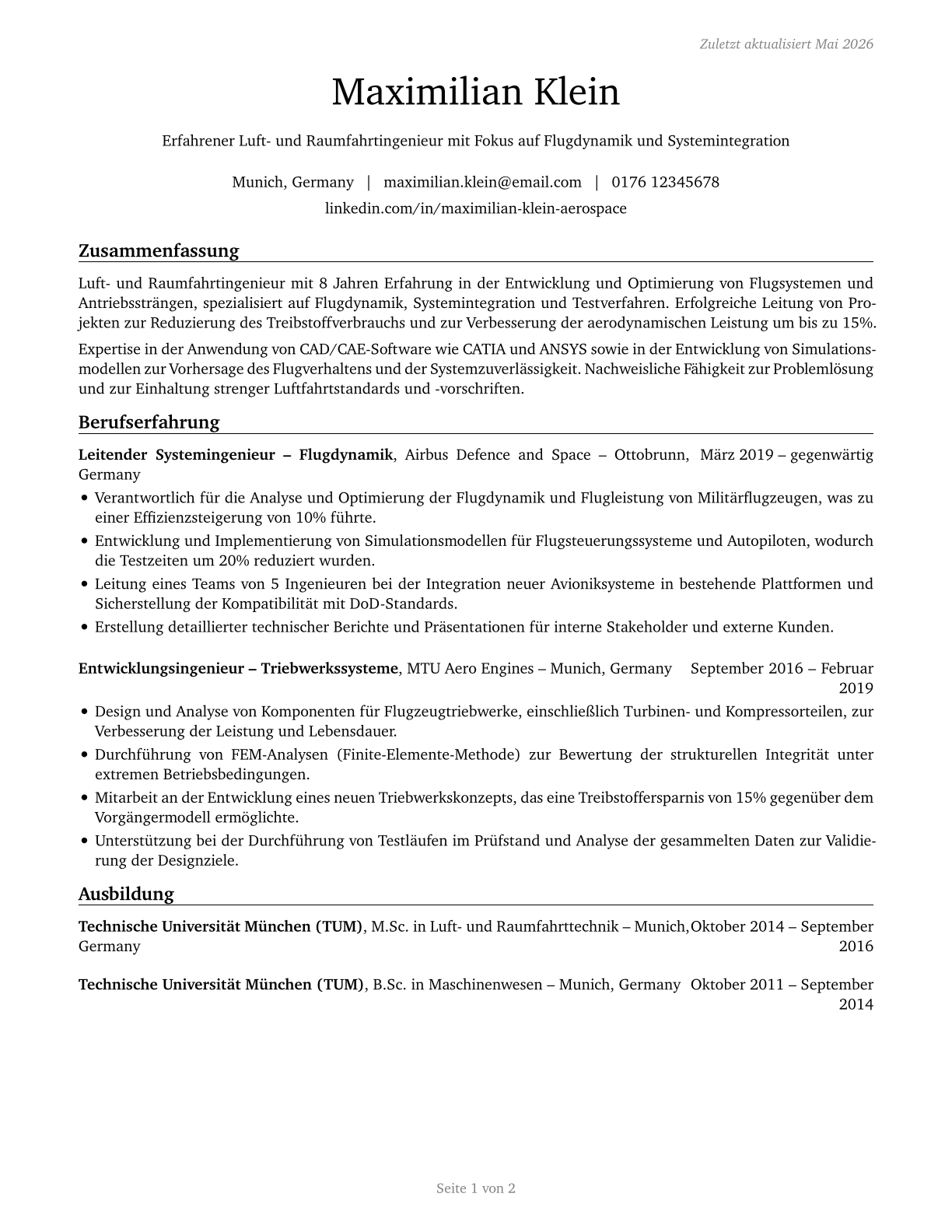 Aerospace Engineers CV in German — page 1