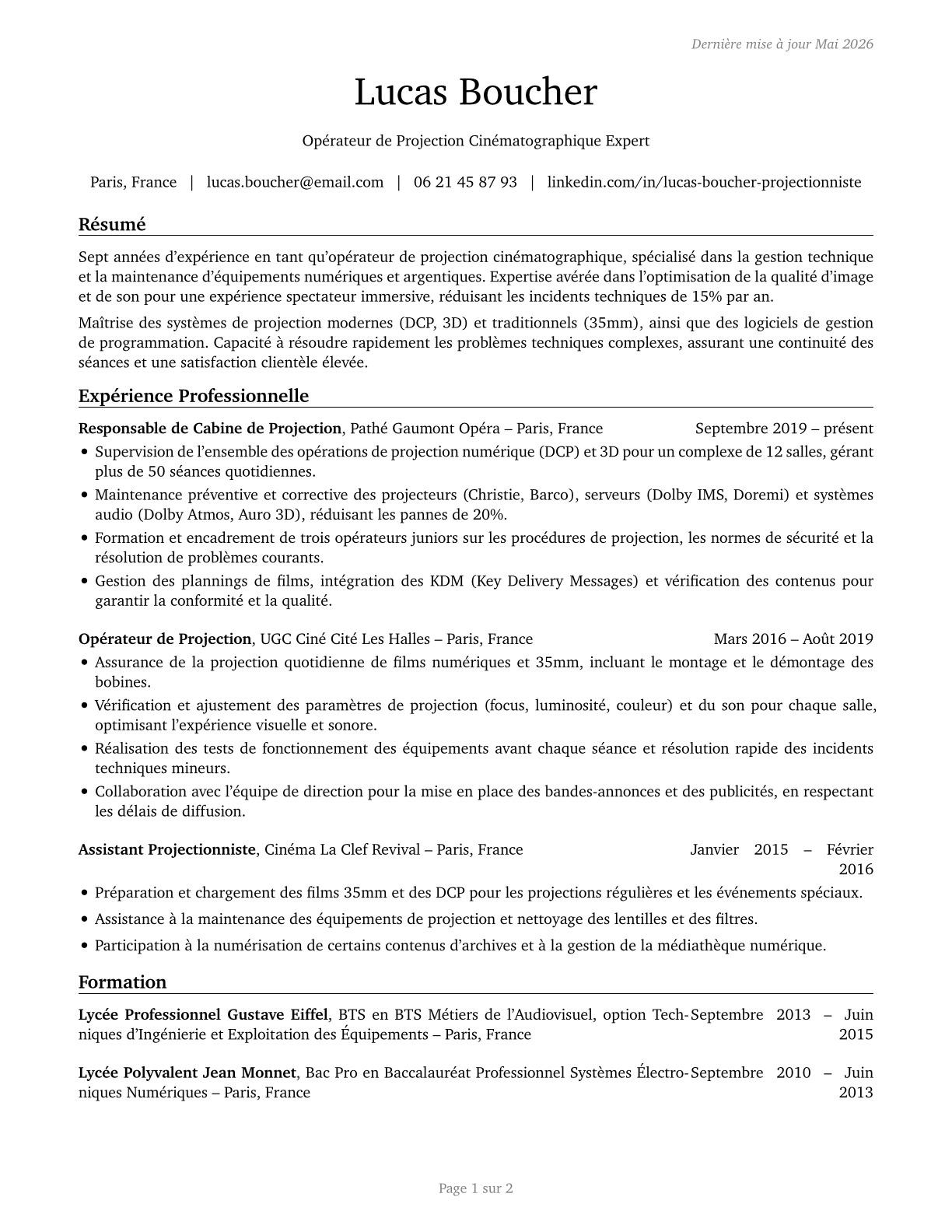 Motion Picture Projectionists CV in French — page 1
