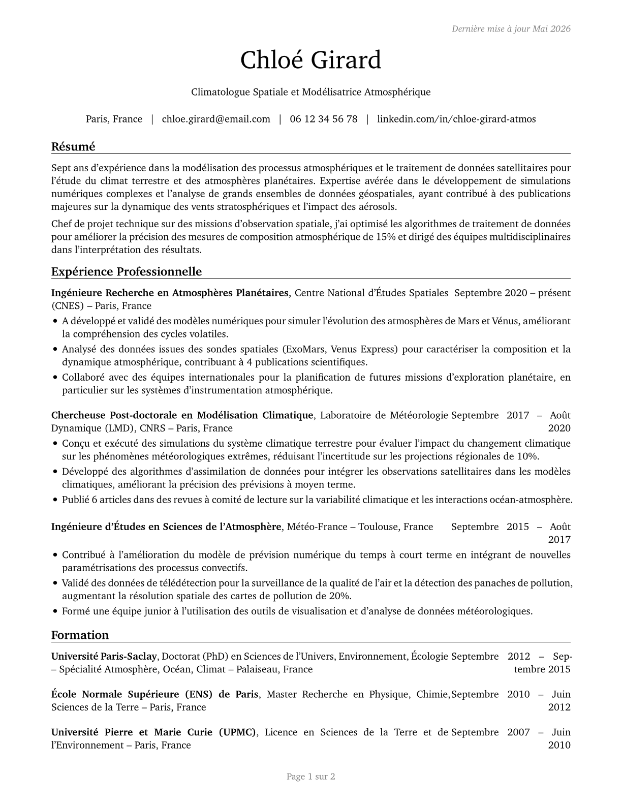 Atmospheric and Space Scientists CV in French — page 1