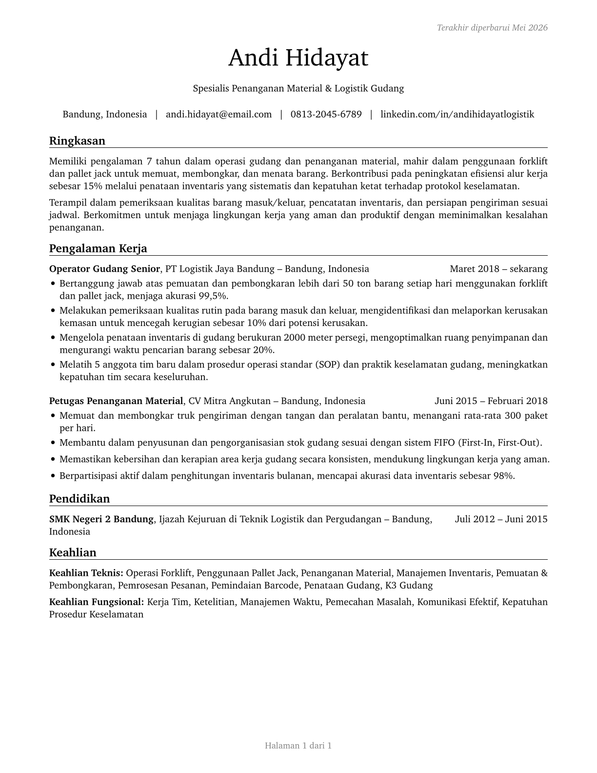 Laborers and Freight, Stock, and Material Movers, Hand CV in Indonesian — page 1