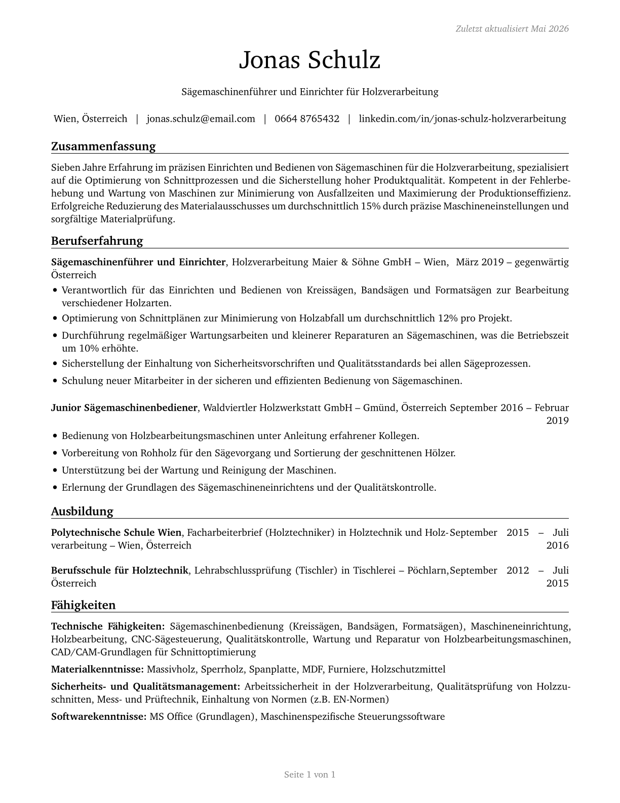Sawing Machine Setters, Operators, and Tenders, Wood CV in German — page 1