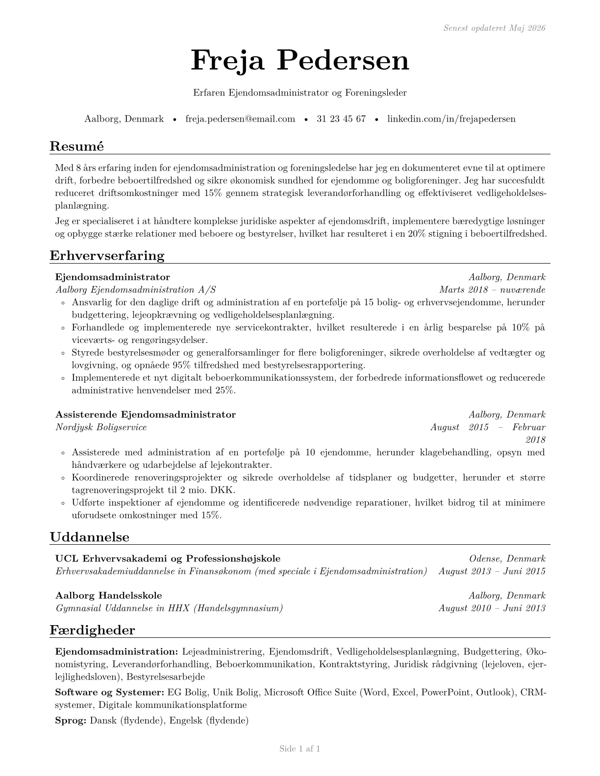 Property, Real Estate, and Community Association Managers CV in Danish — page 1