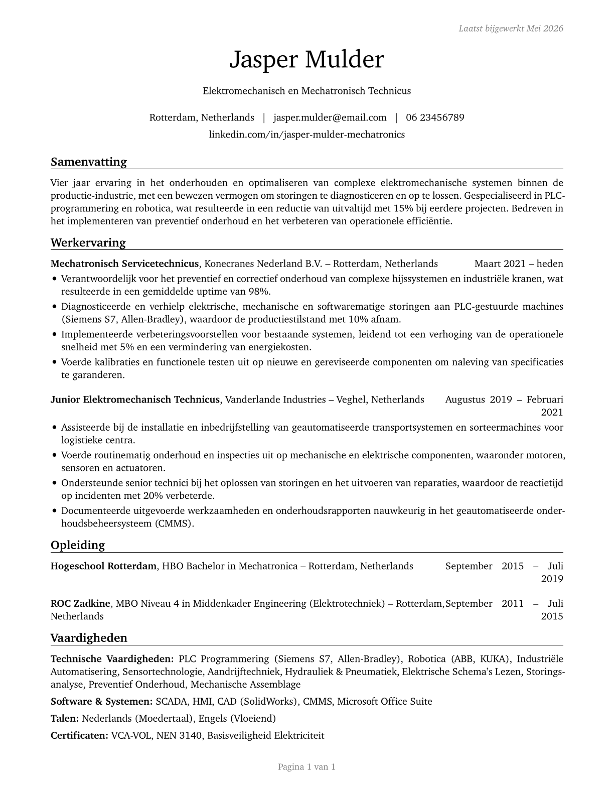 Electro-Mechanical and Mechatronics Technologists and Technicians CV in Dutch — page 1