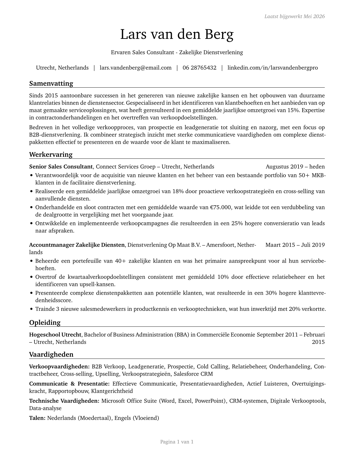 Sales Representatives of Services, Except Advertising, Insurance, Financial Services, and Travel CV in Dutch — page 1