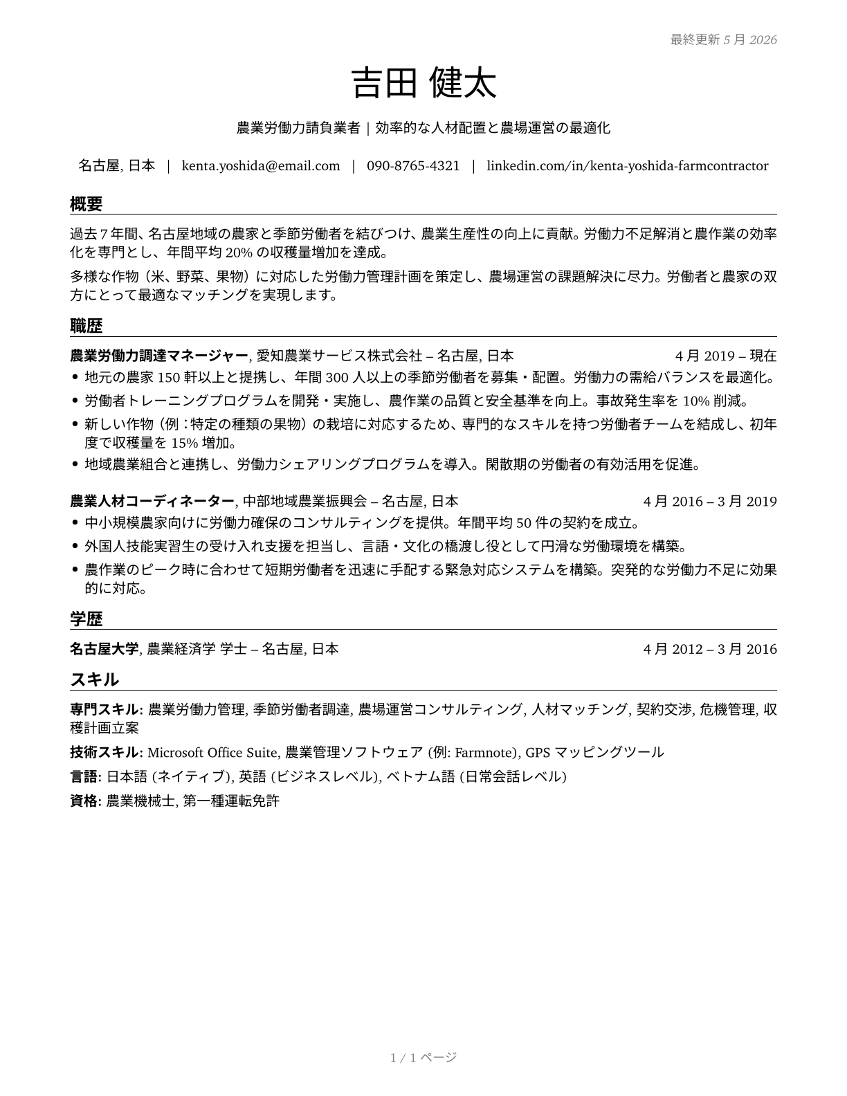 Farm Labor Contractors CV in Japanese — page 1