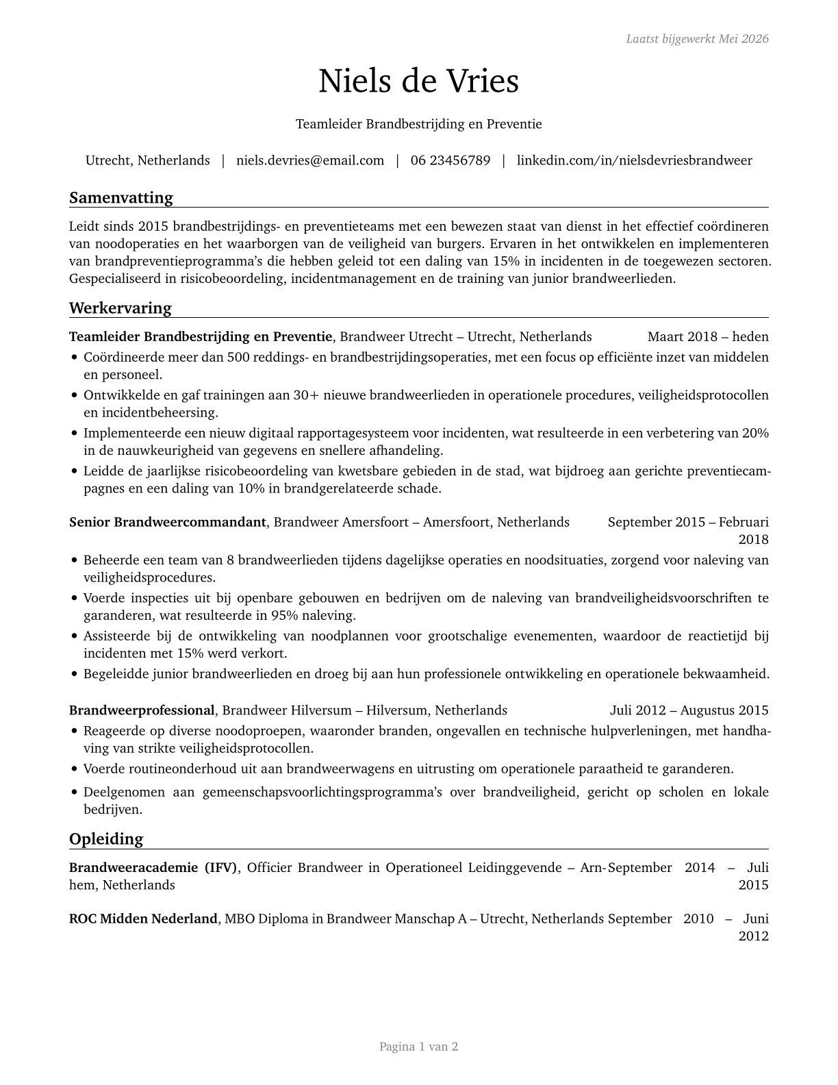 First-Line Supervisors of Firefighting and Prevention Workers CV in Dutch — page 1