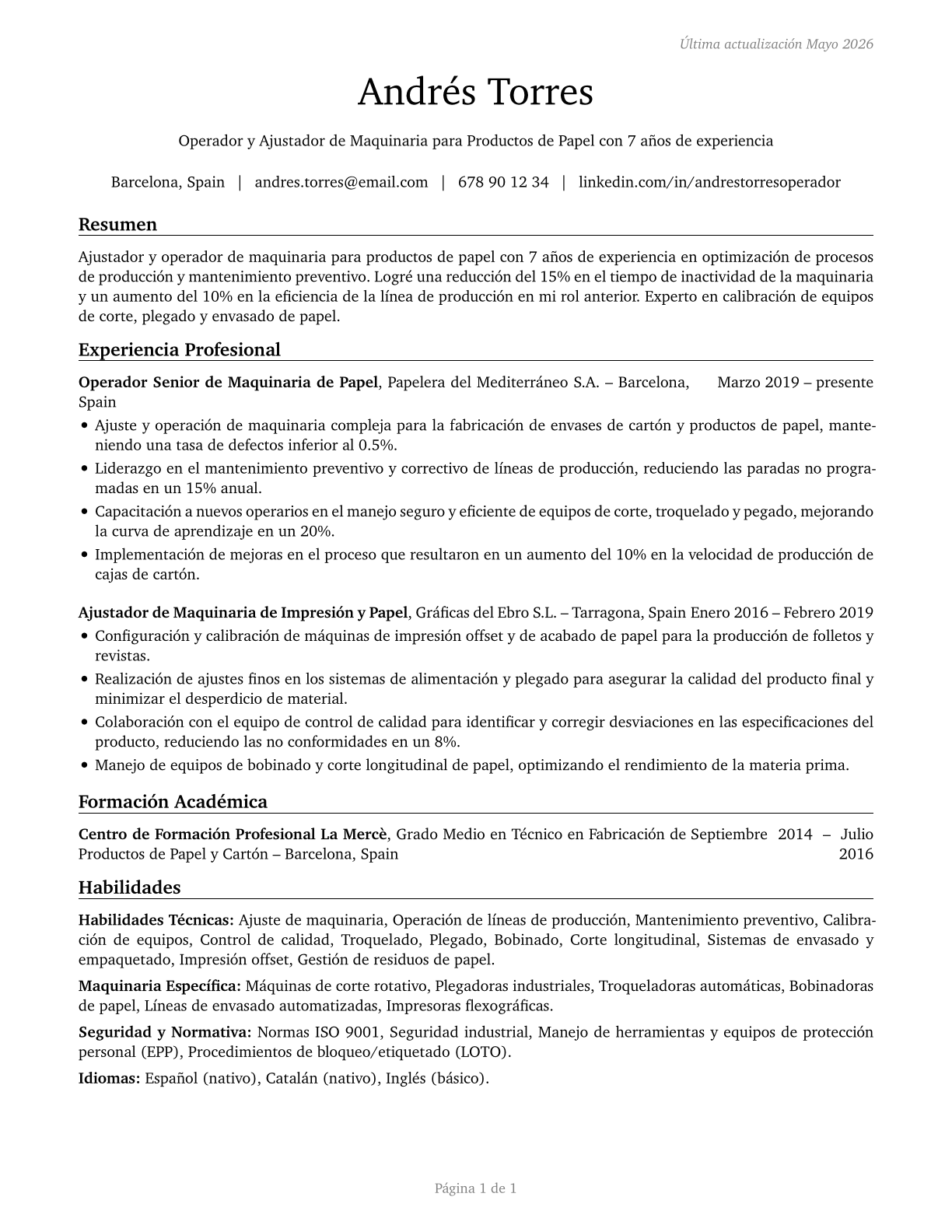 Paper Goods Machine Setters, Operators, and Tenders CV in Spanish — page 1