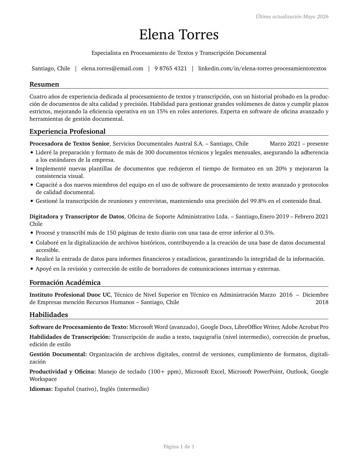 Word Processors and Typists CV in Spanish — page 1