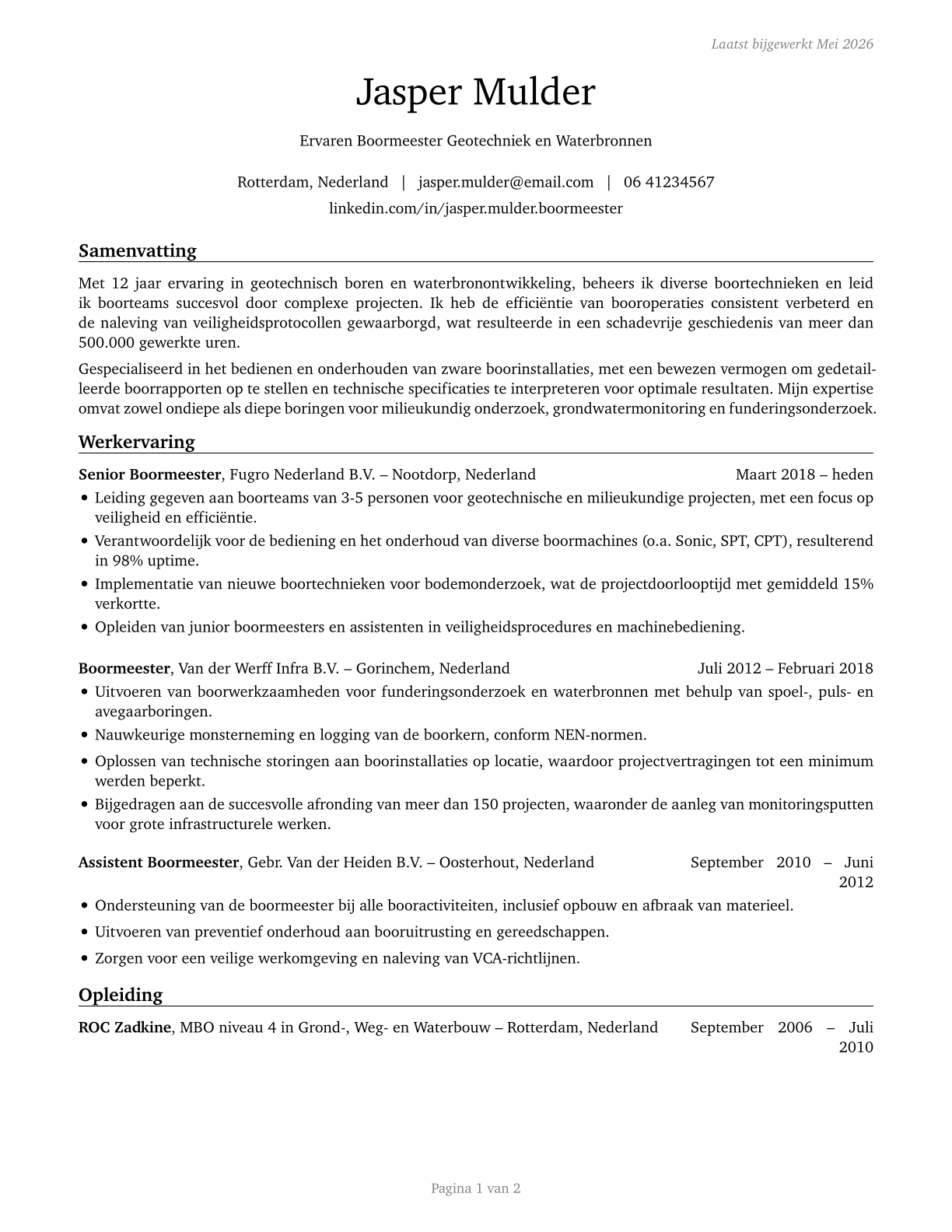 Earth Drillers, Except Oil and Gas CV in Dutch — page 1