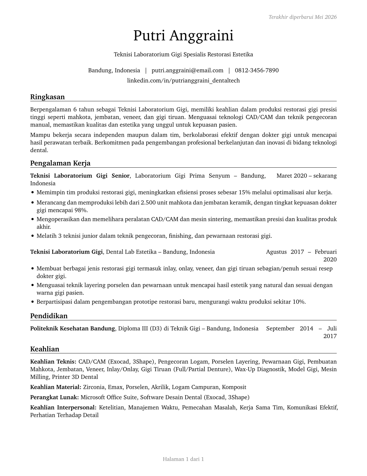 Dental Laboratory Technicians CV in Indonesian — page 1