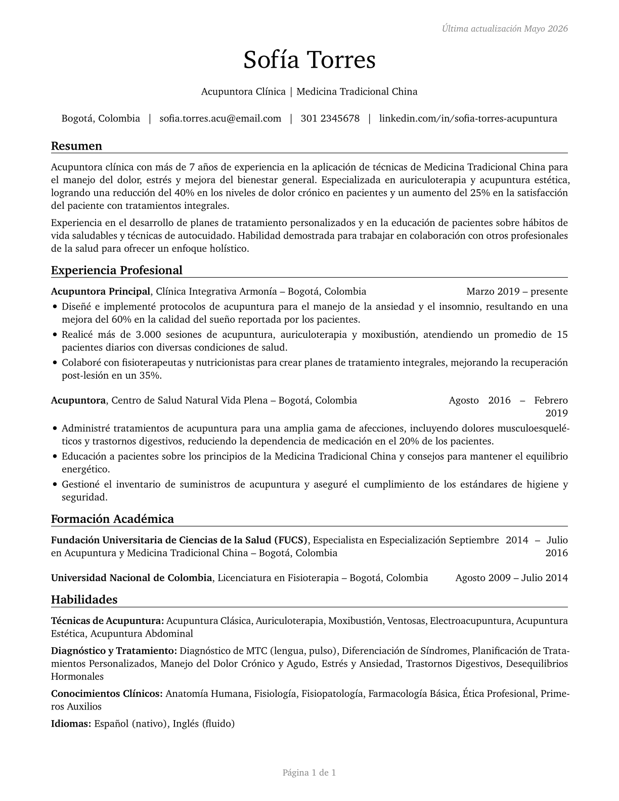 Acupuncturists CV in Spanish — page 1