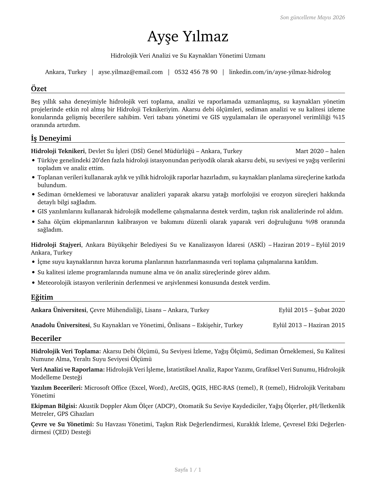 Hydrologic Technicians CV in Turkish — page 1