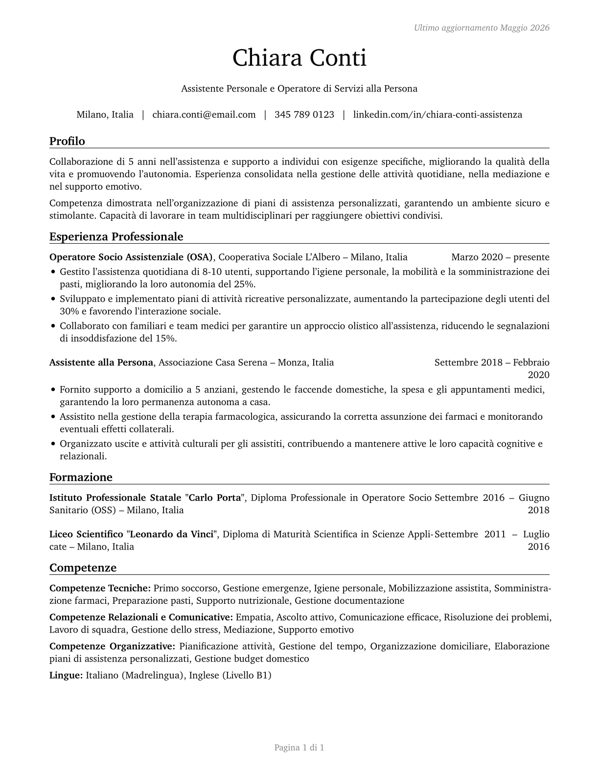 Personal Care and Service Workers, All Other CV in Italian — page 1
