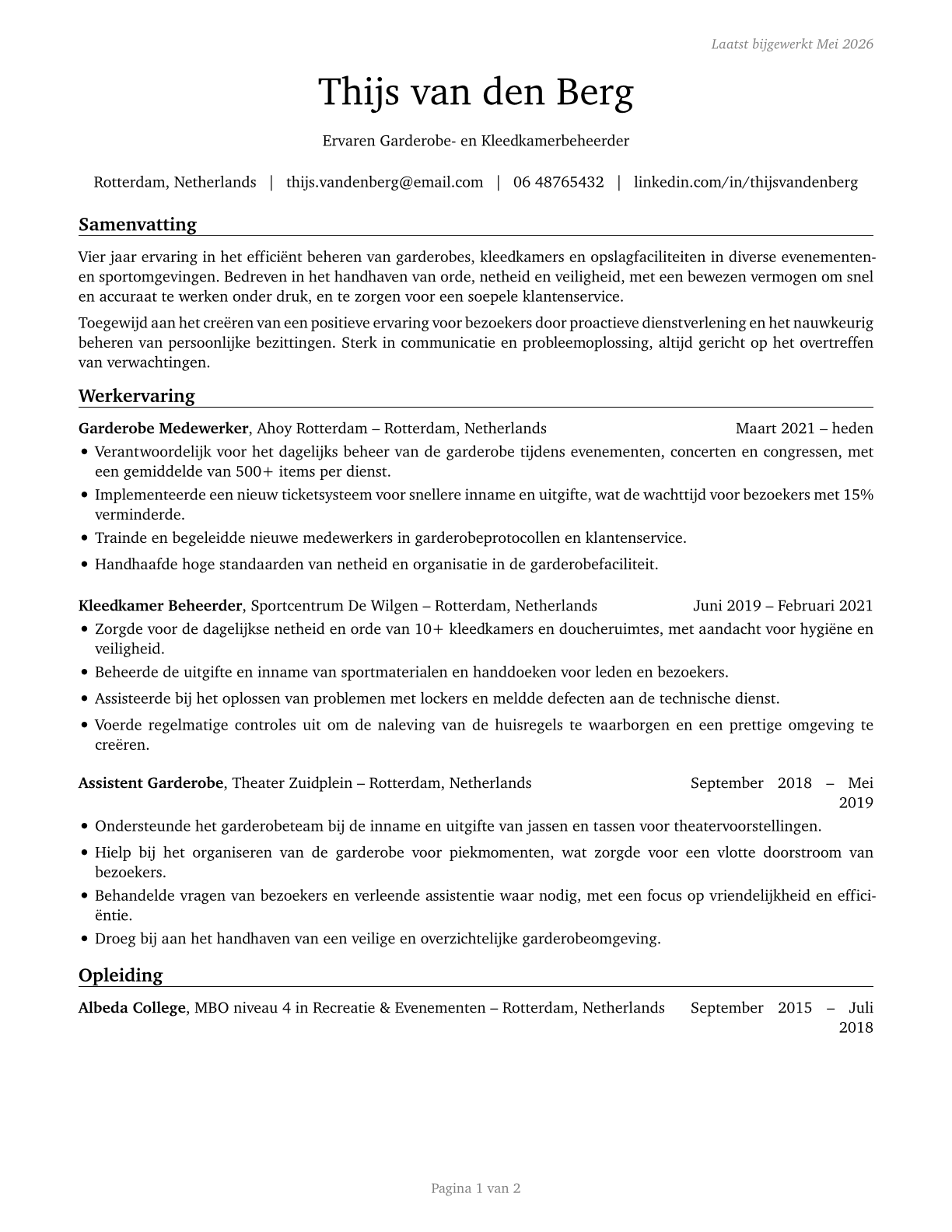 Locker Room, Coatroom, and Dressing Room Attendants CV in Dutch — page 1