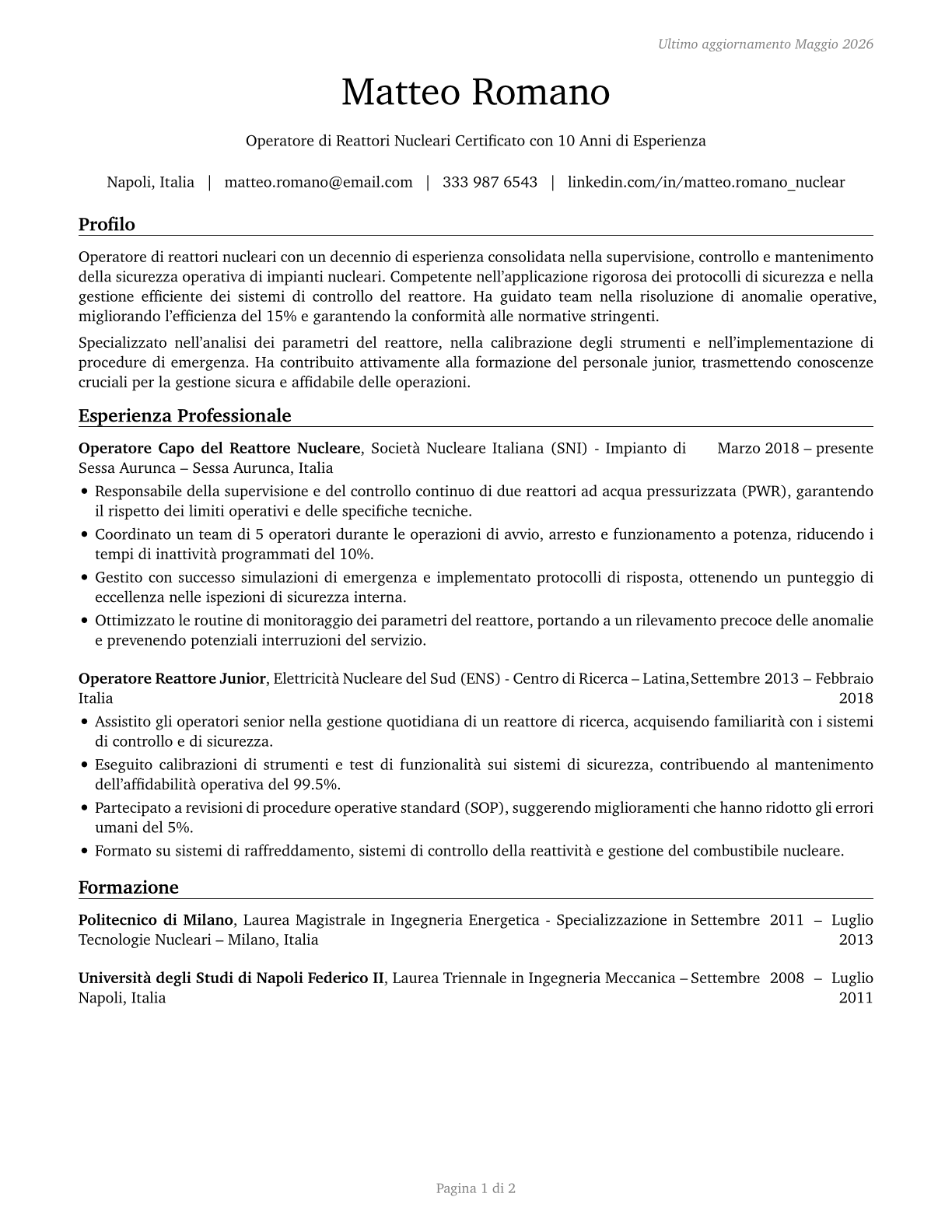 Nuclear Power Reactor Operators CV in Italian — page 1