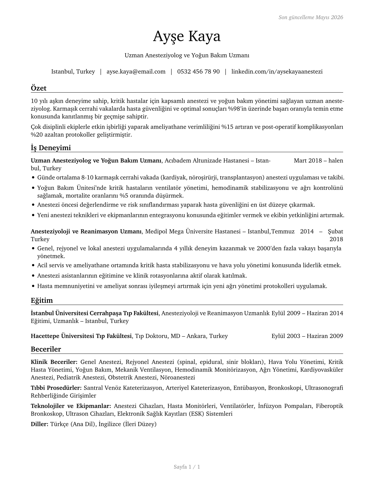 Anesthesiologists CV in Turkish — page 1