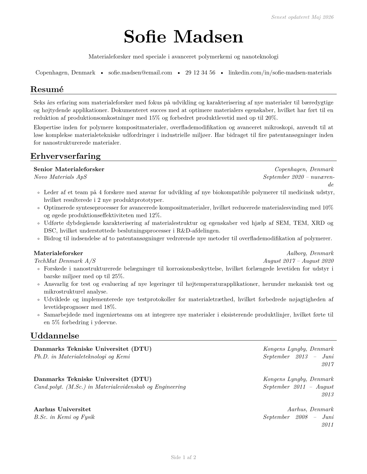 Materials Scientists CV in Danish — page 1