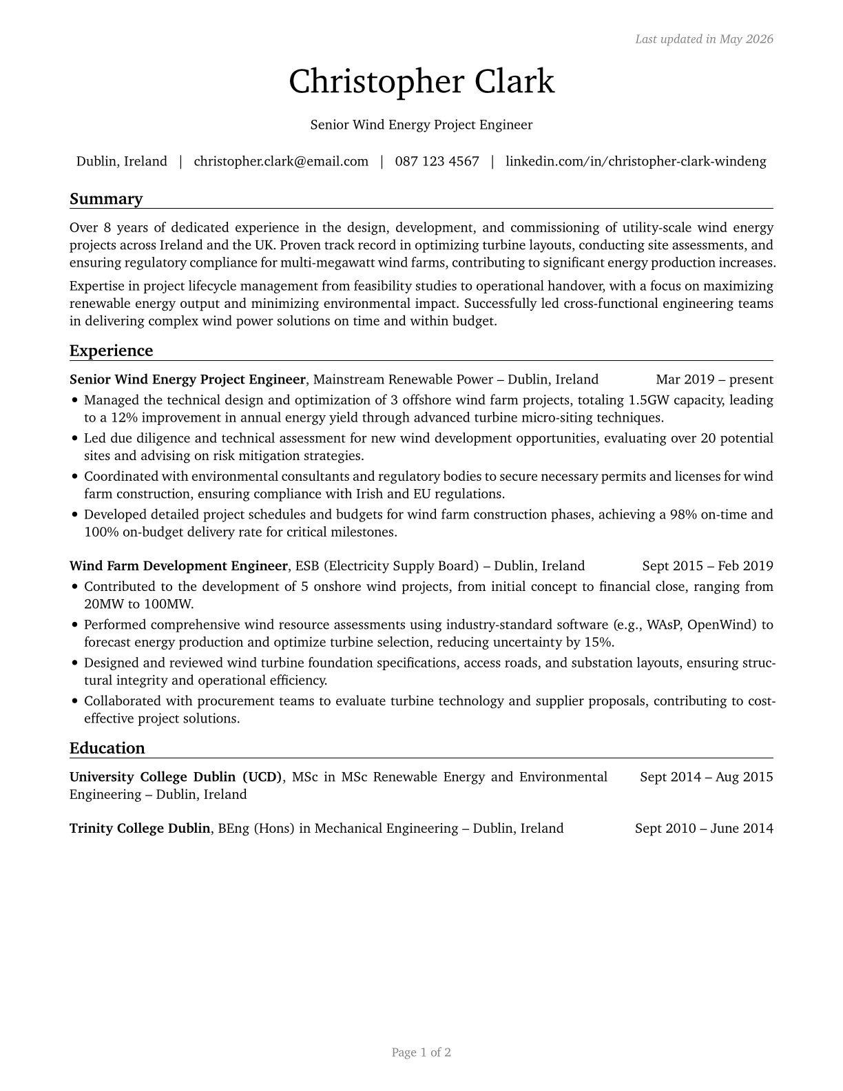 Wind Energy Engineers CV in English — page 1