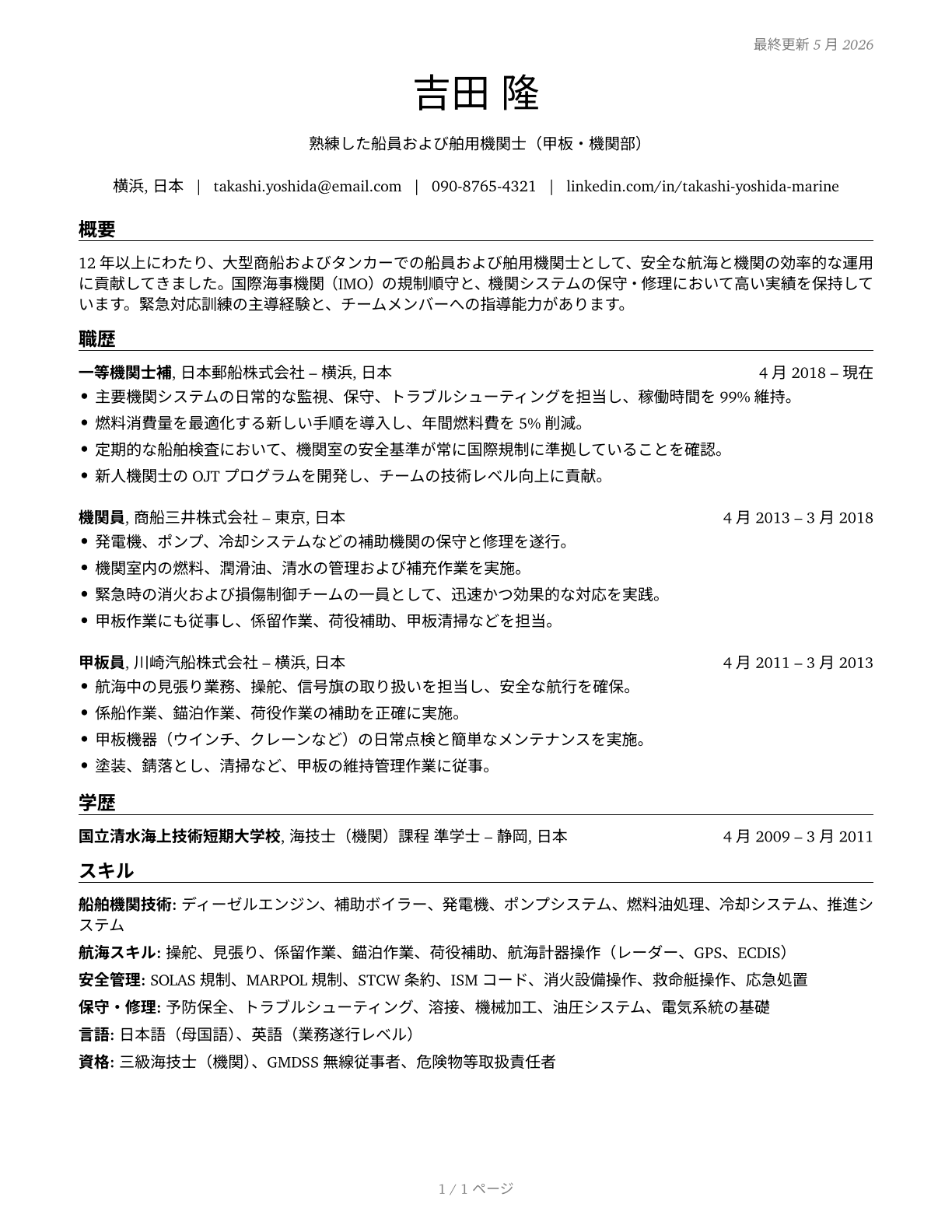 Sailors and Marine Oilers CV in Japanese — page 1