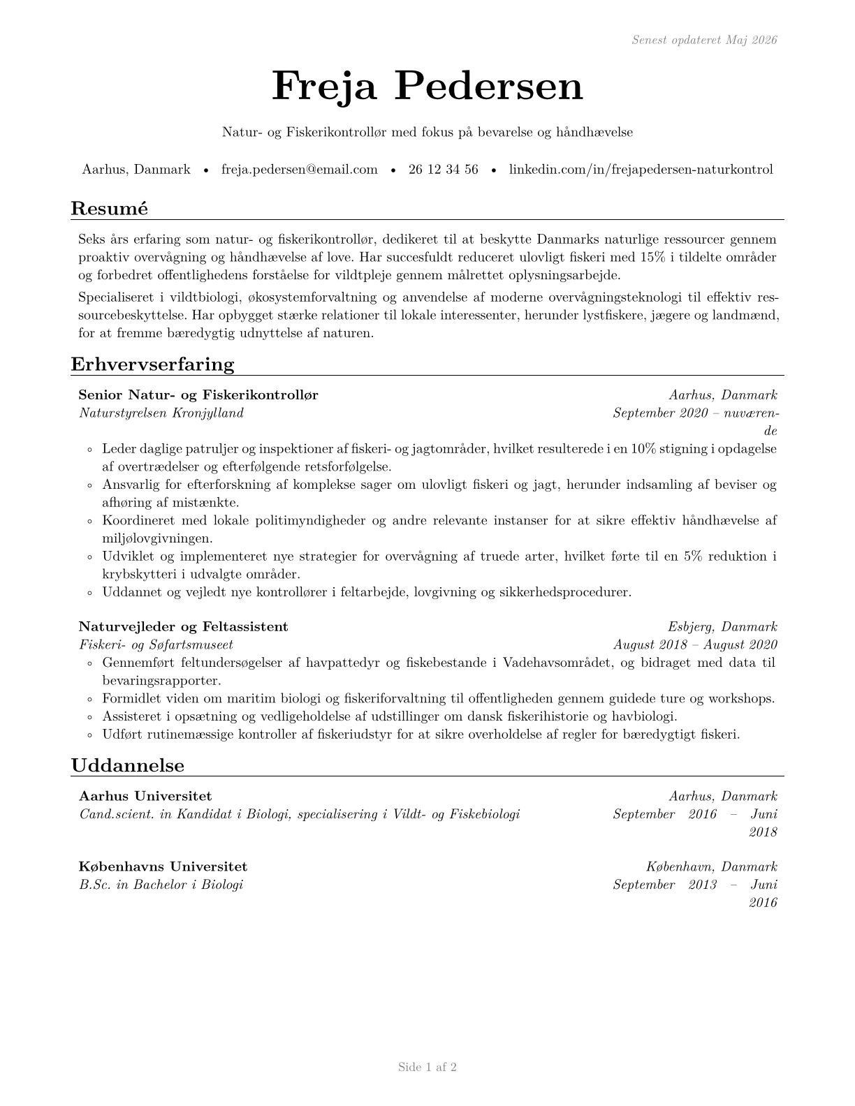 Fish and Game Wardens CV in Danish — page 1