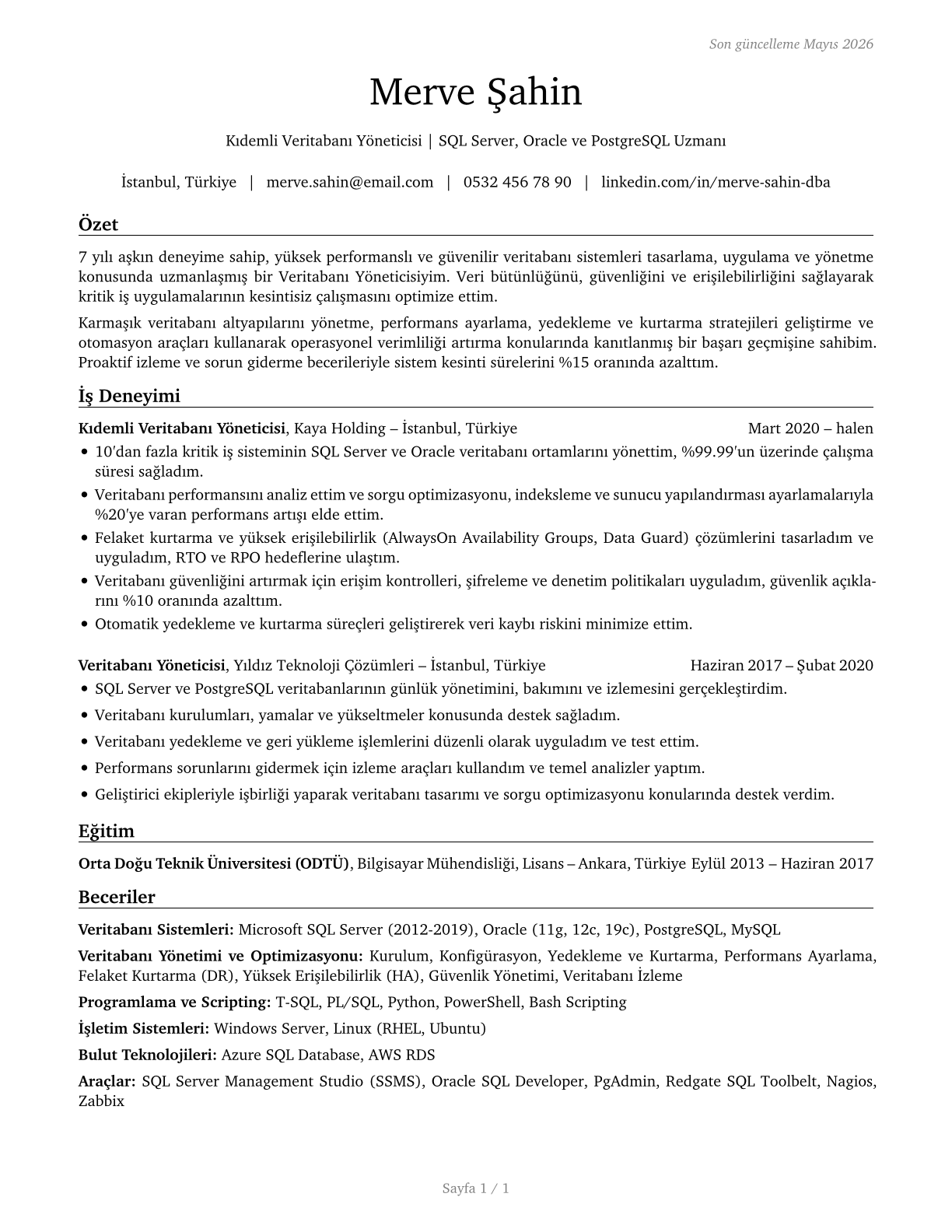 Database Administrators CV in Turkish — page 1