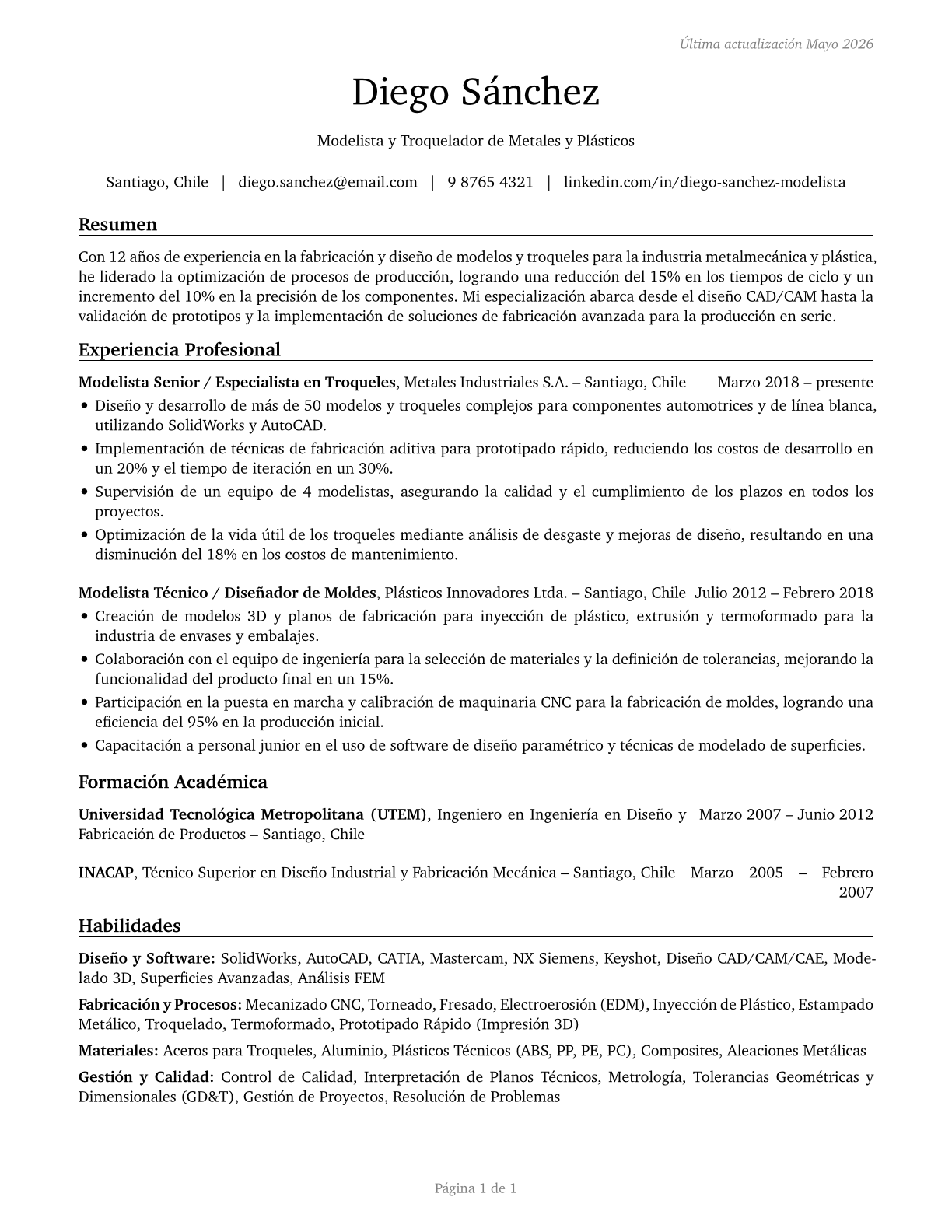 Patternmakers, Metal and Plastic CV in Spanish — page 1