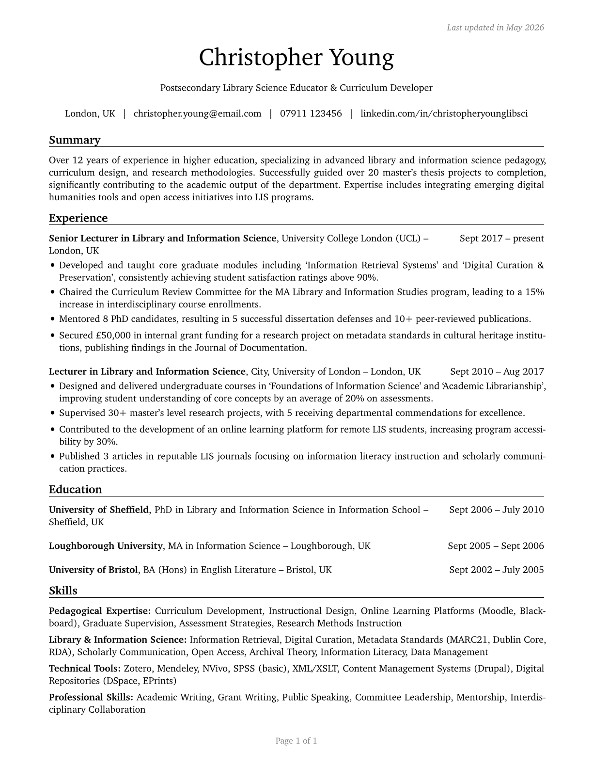 Library Science Teachers, Postsecondary CV in English — page 1