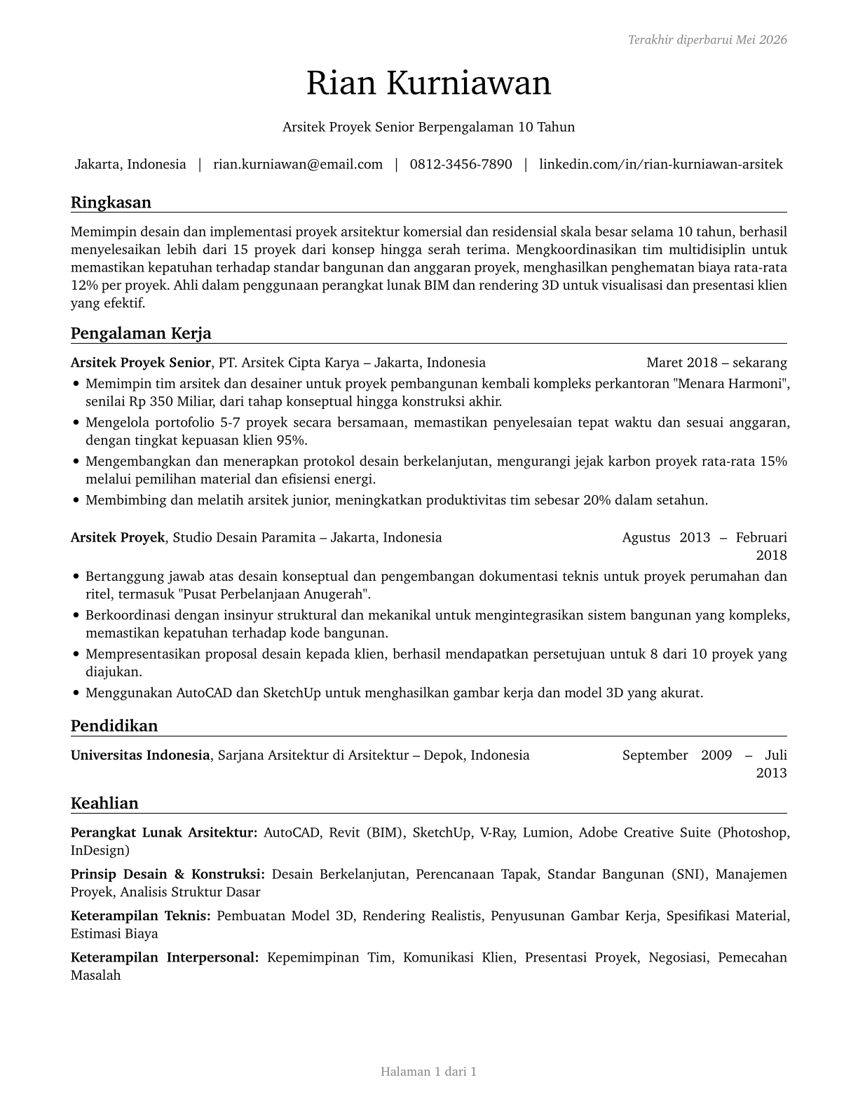 Architects, Except Landscape and Naval CV in Indonesian — page 1
