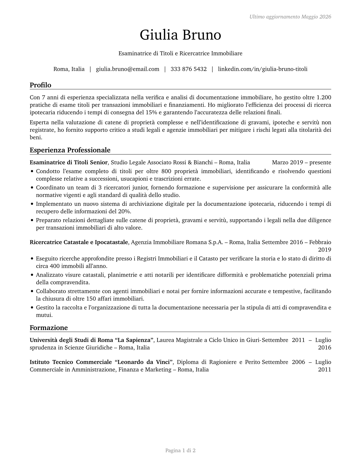 Title Examiners, Abstractors, and Searchers CV in Italian — page 1