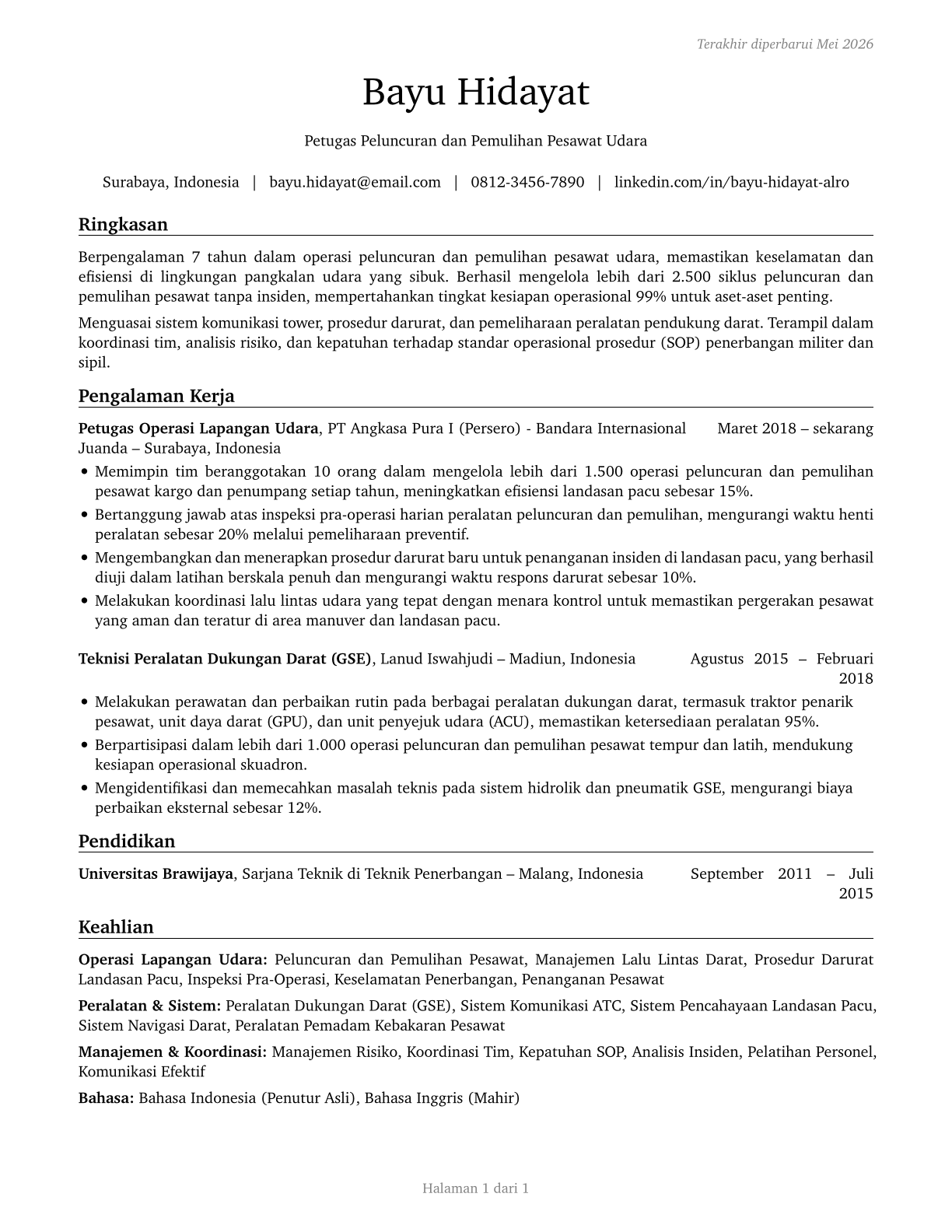 Aircraft Launch and Recovery Officers CV in Indonesian — page 1