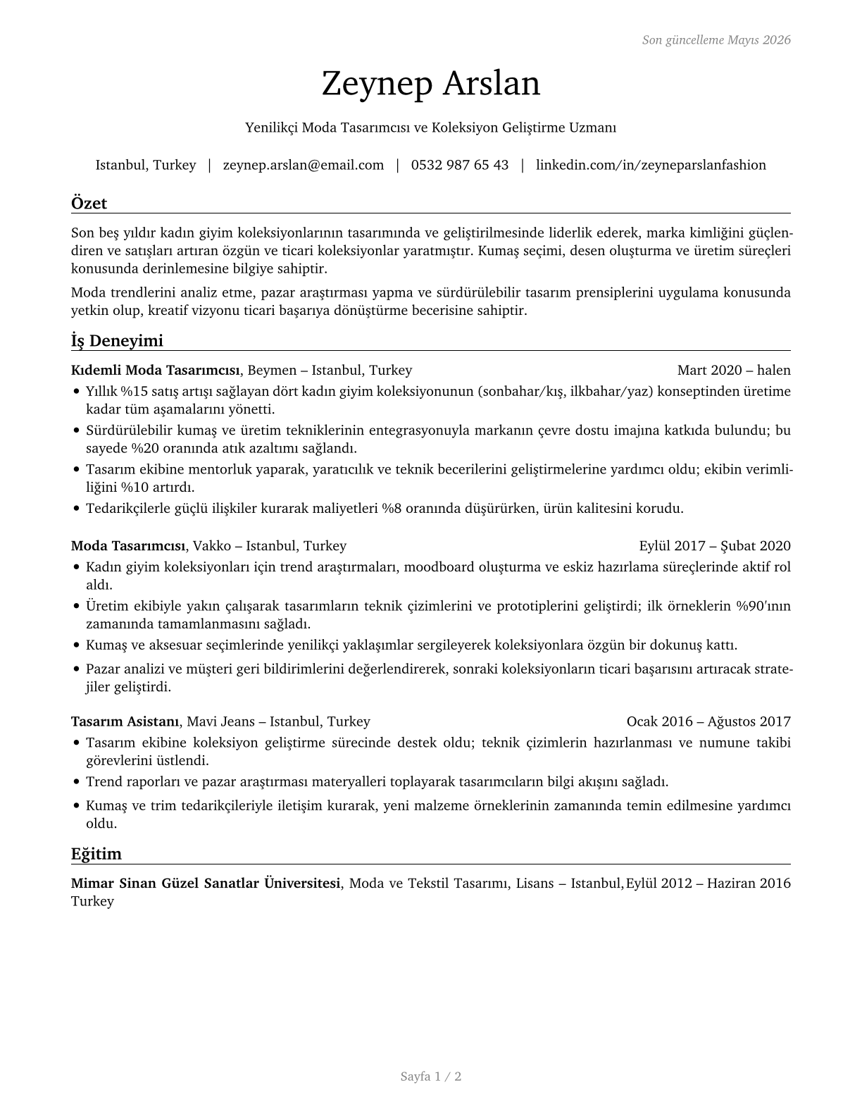 Fashion Designers CV in Turkish — page 1