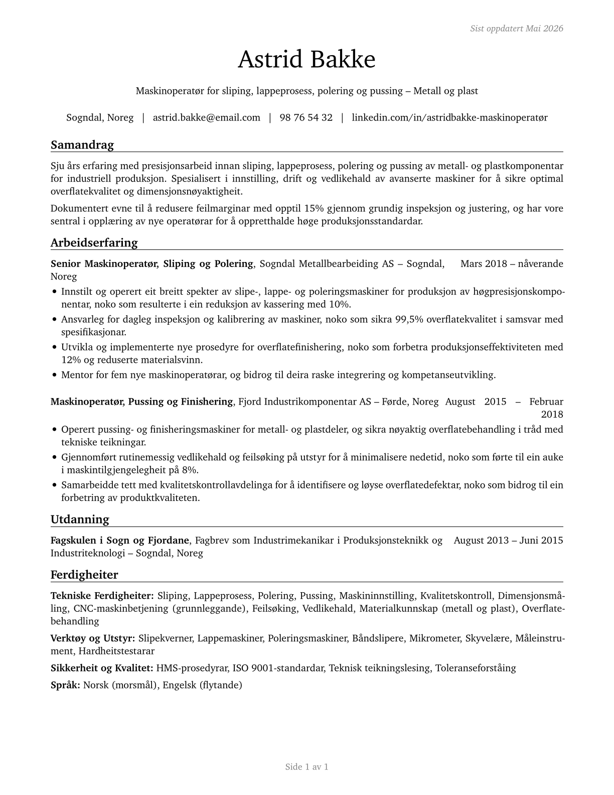 Grinding, Lapping, Polishing, and Buffing Machine Tool Setters, Operators, and Tenders, Metal and Plastic CV in Norwegian_nynorsk — page 1